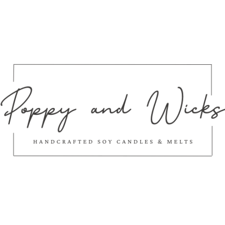 A white box containing the logo for Poppy and Wicks Handcrafted Soy Candles and Melts